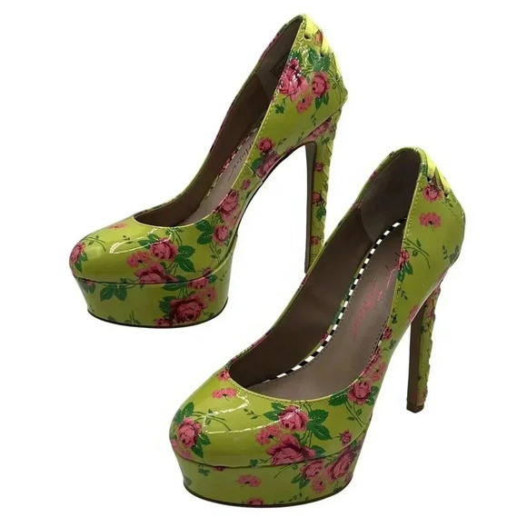 Betsey Johnson NEW Women 5M Floral Green High Heel Platform Pumps Lace Up Ribbon - Picture 1 of 15